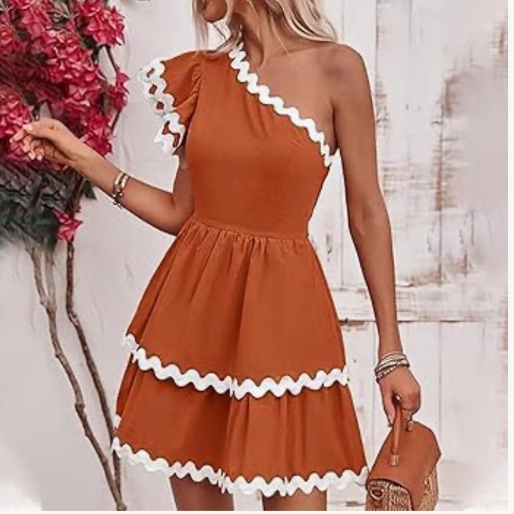 NWOT One-Shoulder Ruffle Trim Dress in Orange XL
